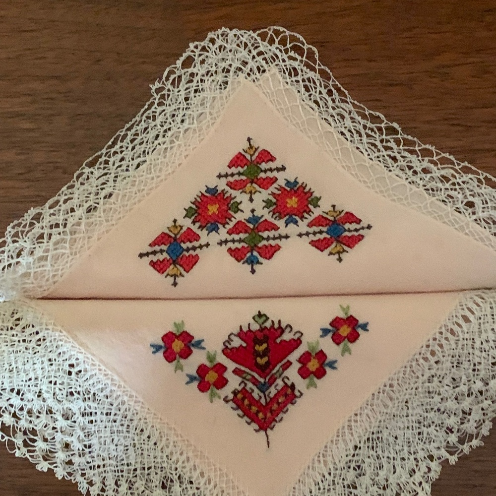 Handkerchief Set of 2, Red Embroidery on Beige Silk, Antique Rare Unique